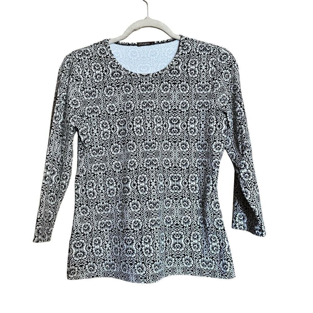 J McLaughlin Top Women Small Black White Floral Catalina Cloth 3/4 Sleeve Blouse